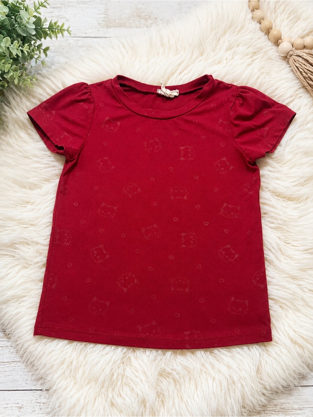 Love Maddie Girls Red Cat Print Puff Sleeve Top Size 4